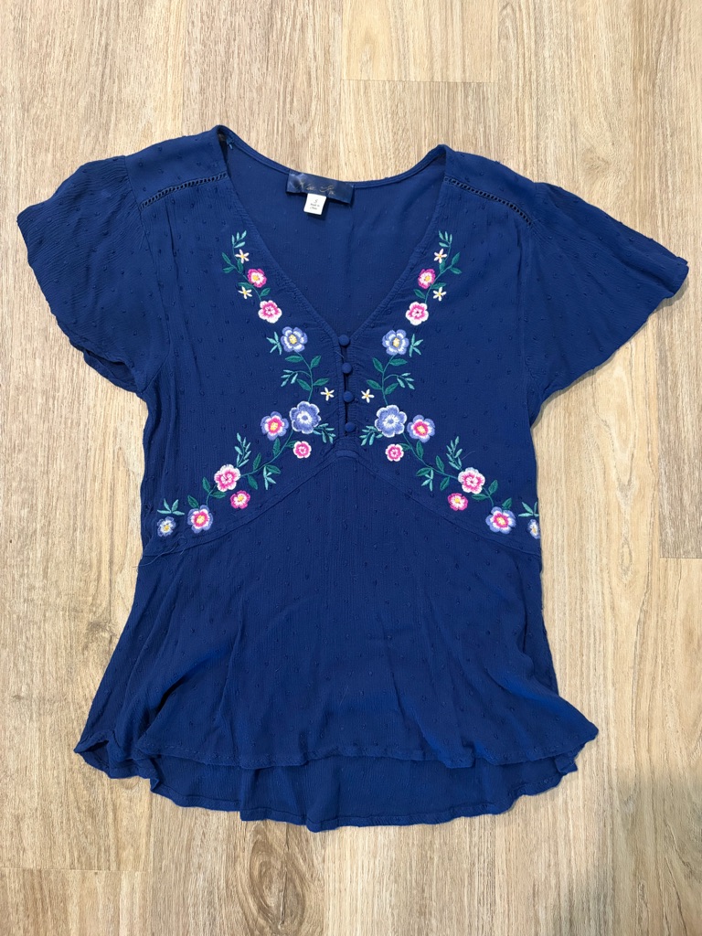 Blue Rain Navy Floral Embroidered V-Neck Top
